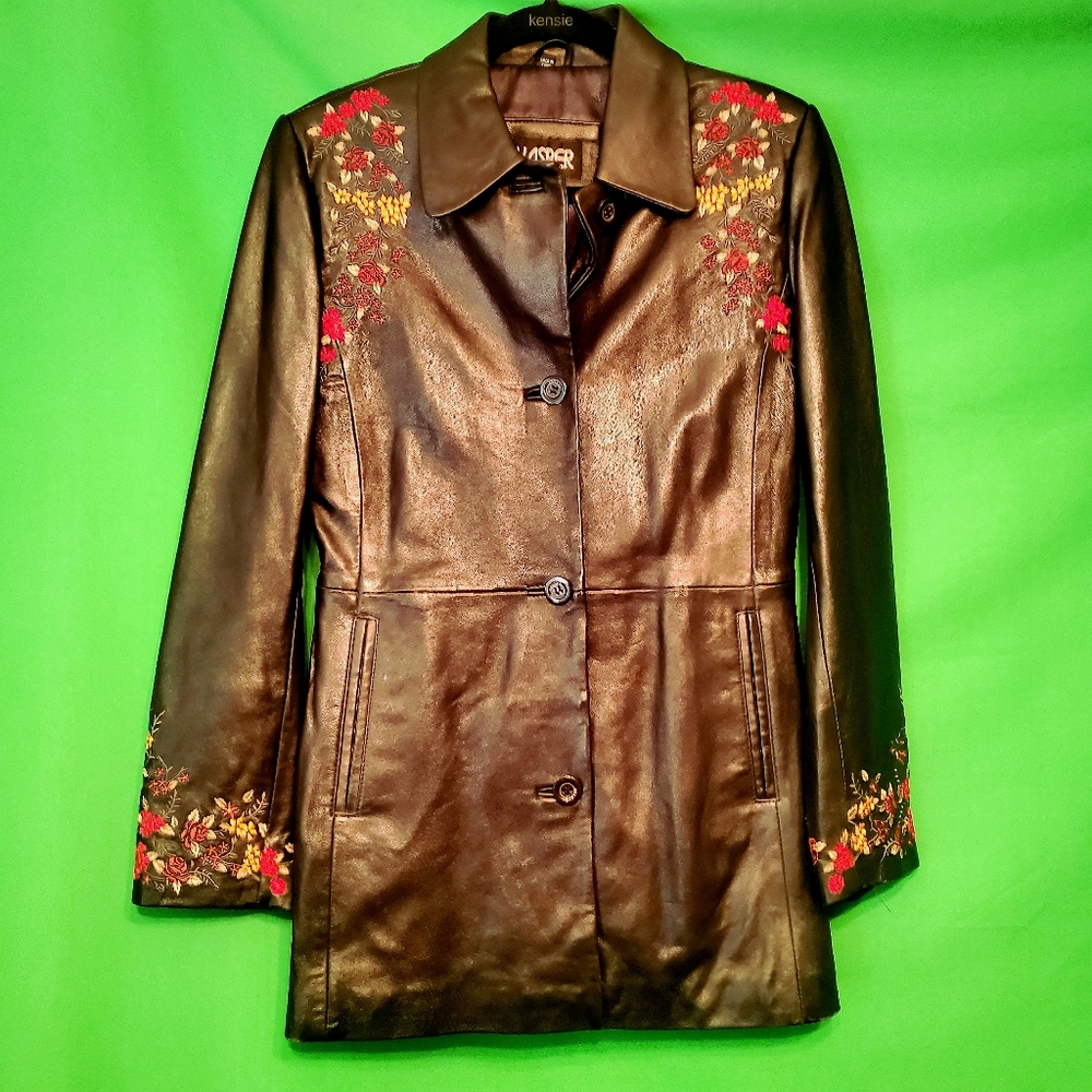 Black 100% leather vintage 70s style floral jacket